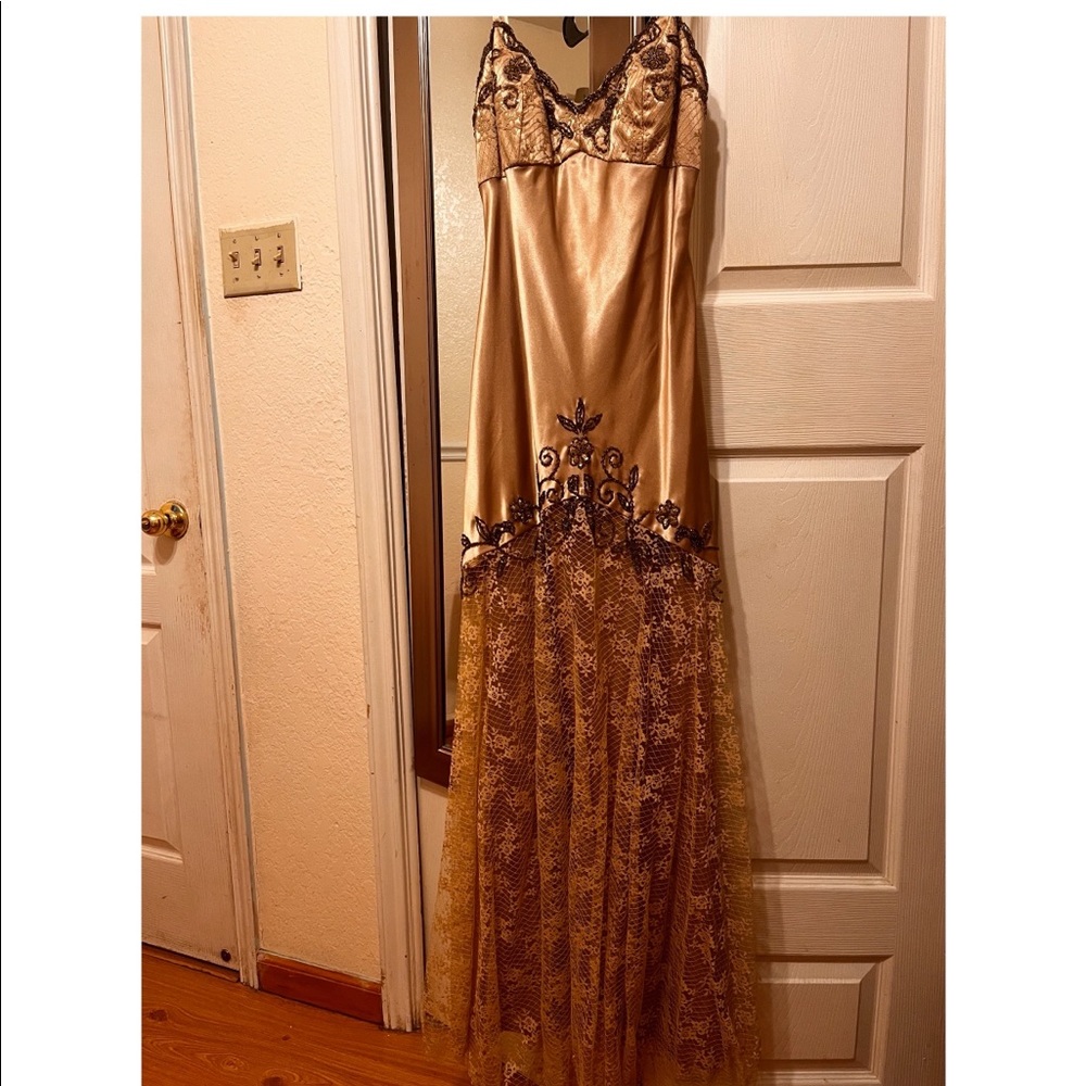 Gorgeous never worn satin/embroidered XSCAPE evening gown.